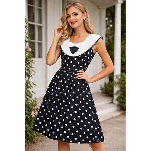 Vintage Petite Lange Black White Polka Dot Dress Sailor Collar Bow USA Size 8